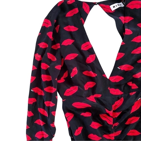 Rixo Dress Rose Kiss Cutout Ruffled Ruched Midi Valentines Red Lips XS 4 GUC - Picture 5 of 13